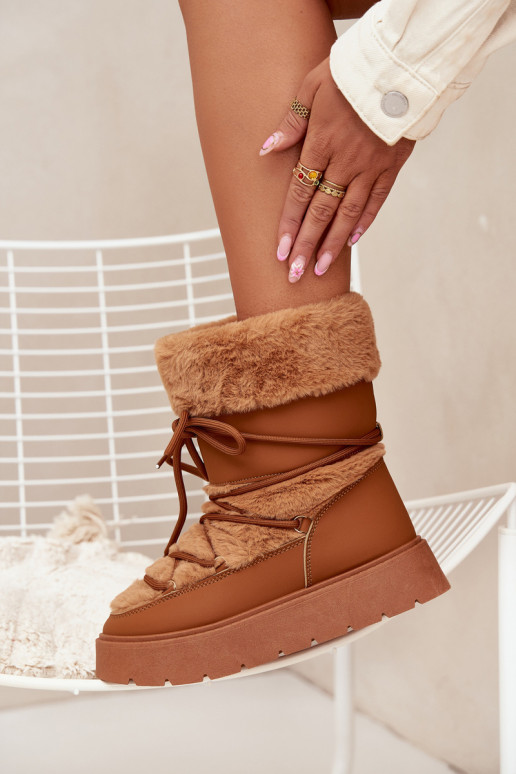 Botas de neve femininas com pelo e cadarços em marrom Tai turirinna