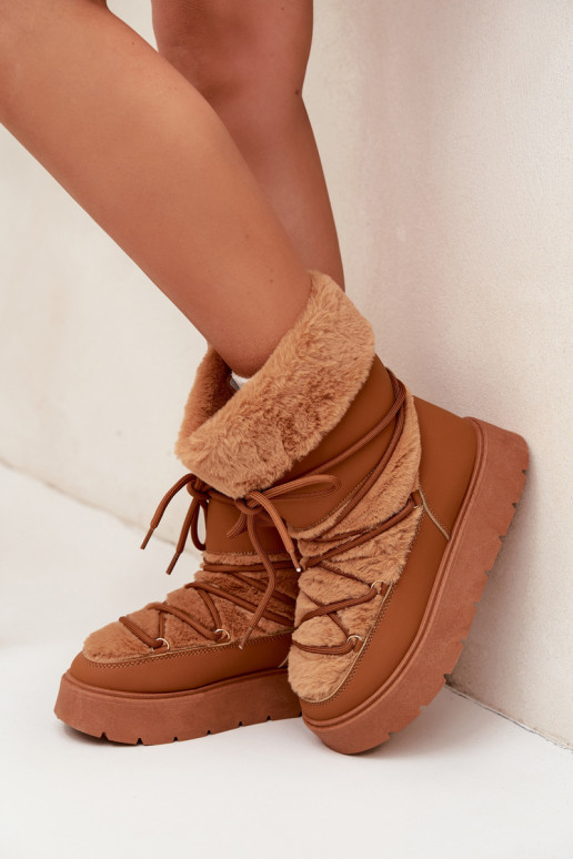 Botas de neve femininas com pelo e cadarços em marrom Tai turirinna