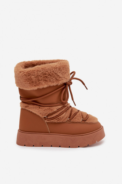 Botas de neve femininas com pelo e cadarços em marrom Tai turirinna