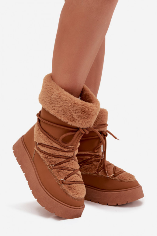 Botas de neve femininas com pelo e cadarços em marrom Tai turirinna