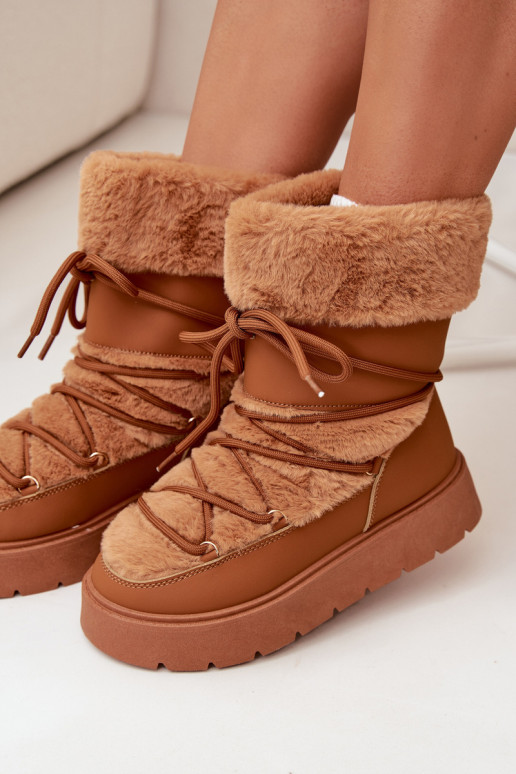 Botas de neve femininas com pelo e cadarços em marrom Tai turirinna