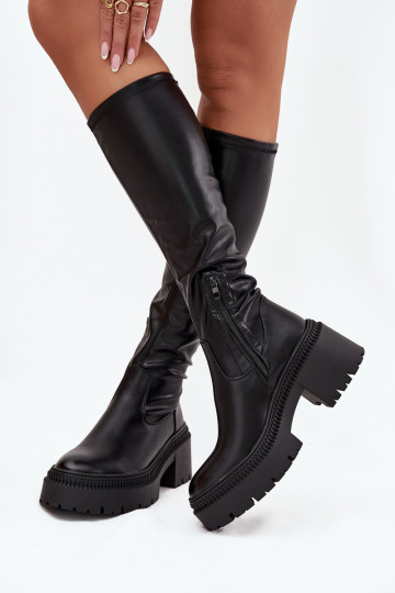 Botas femininas até o joelho com saltos robustos e plataforma, slip-on, pretas Florinne