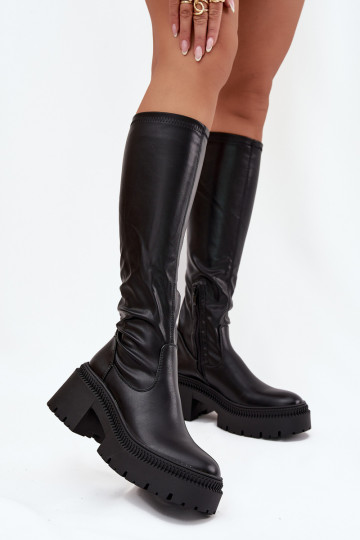 Botas femininas até o joelho com saltos robustos e plataforma, slip-on, pretas Florinne 2
