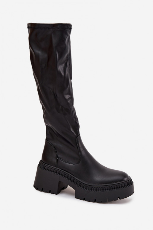 Botas femininas até o joelho com saltos robustos e plataforma, slip-on, pretas Florinne