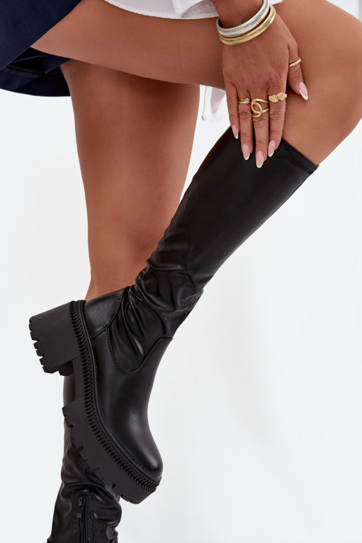 Botas femininas até o joelho com saltos robustos e plataforma, slip-on, pretas Florinne