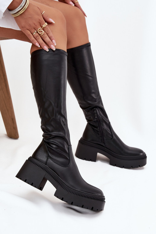 Botas femininas até o joelho com saltos robustos e plataforma, slip-on, pretas Florinne
