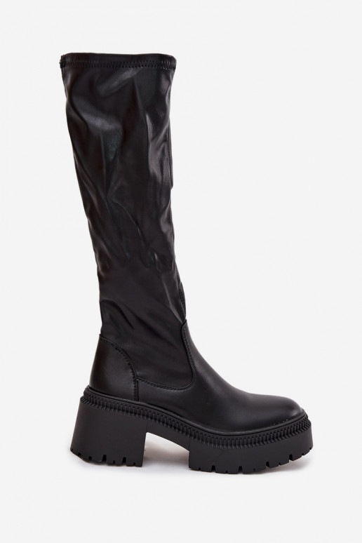 Botas femininas até o joelho com saltos robustos e plataforma, slip-on, pretas Florinne