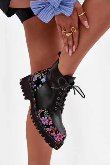 Botins femininos quentes de couro preto com flores Artiker 57C0180