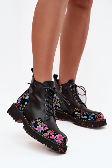 Botins femininos quentes de couro preto com flores Artiker 57C0180 2