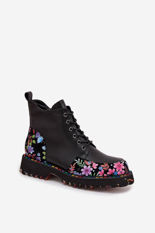 Botins femininos quentes de couro preto com flores Artiker 57C0180