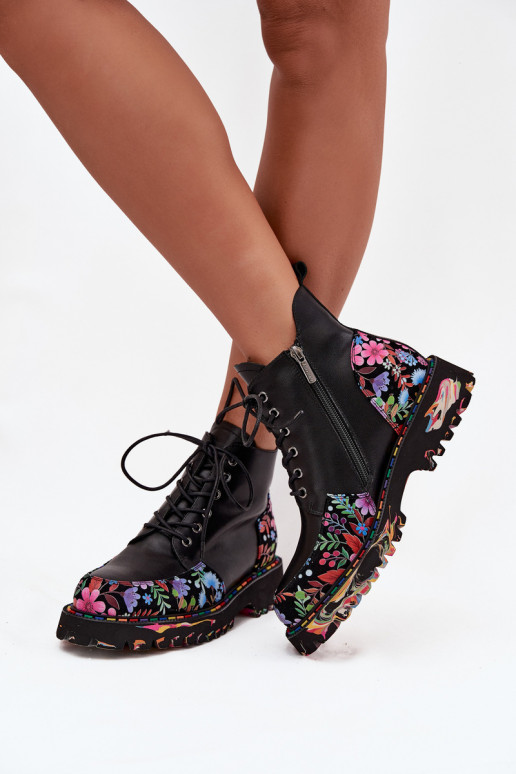 Botins femininos quentes de couro preto com flores Artiker 57C0180