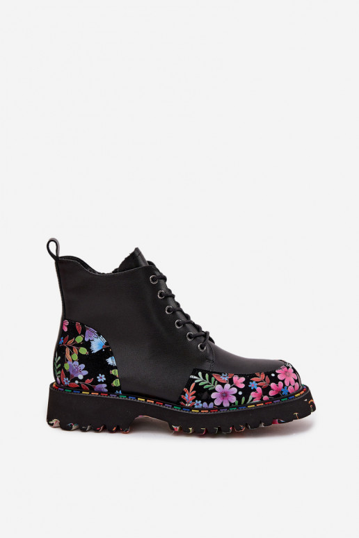 Botins femininos quentes de couro preto com flores Artiker 57C0180