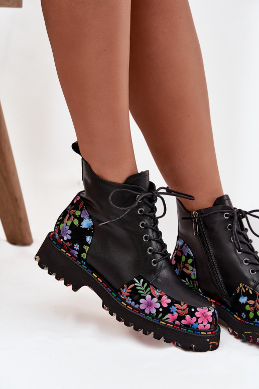 Botins femininos quentes de couro preto com flores Artiker 57C0180