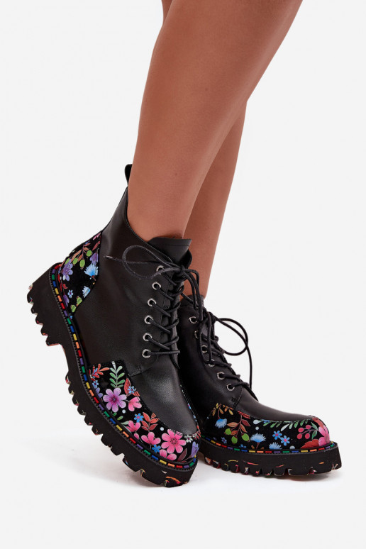Botins femininos quentes de couro preto com flores Artiker 57C0180