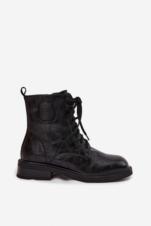 Botas de trabalho pretas em couro sintético para mulheres com detalhes decorativos Tai turiciejka K7180-01