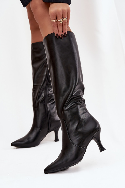 botas femininas com salto fino de couro ecológico cor preta Karella