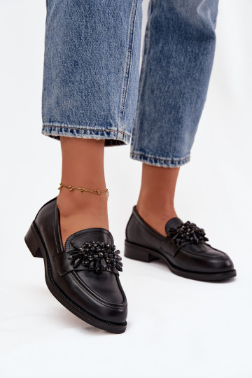 sapato mocassins femininos com enfeites cor preta Murelle 2