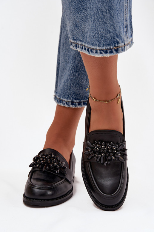 sapato mocassins femininos com enfeites cor preta Murelle