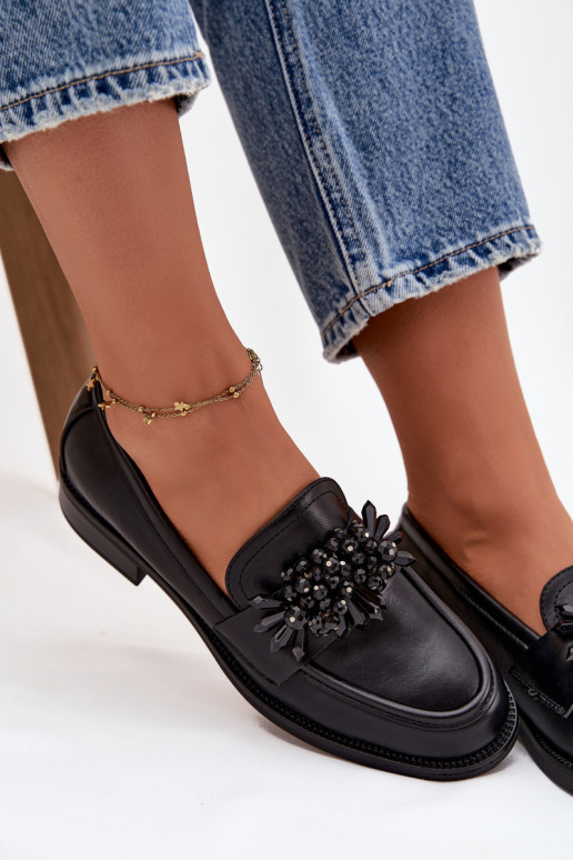 sapato mocassins femininos com enfeites cor preta Murelle