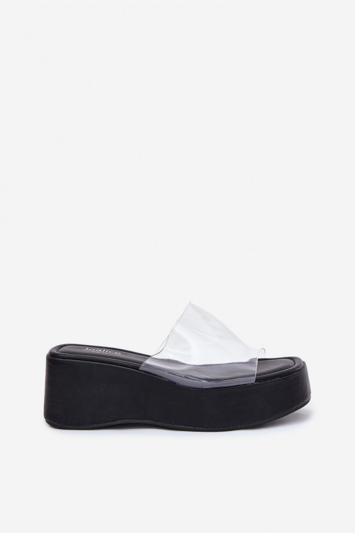Chinelos femininos pretos com tiras transparentes na plataforma Meltiana