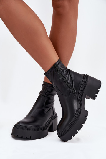 Botins femininos com saltos grossos e plataforma em couro sintético preto Elvianne