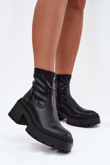 Botins femininos com saltos grossos e plataforma em couro sintético preto Elvianne 2