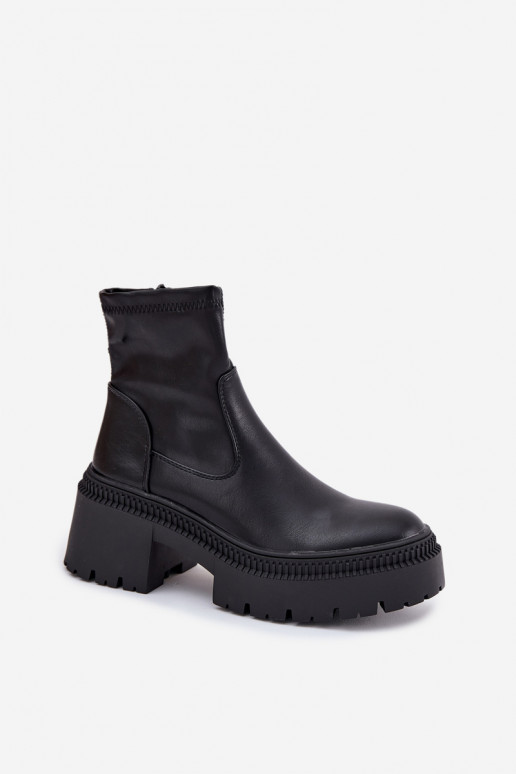 Botins femininos com saltos grossos e plataforma em couro sintético preto Elvianne