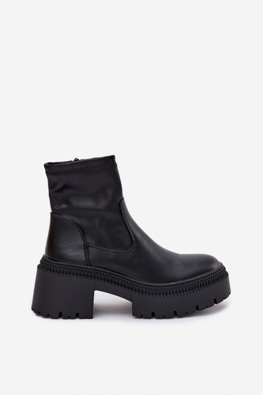 Botins femininos com saltos grossos e plataforma em couro sintético preto Elvianne