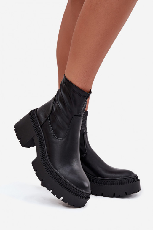 Botins femininos com saltos grossos e plataforma em couro sintético preto Elvianne