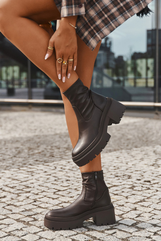 Botins femininos com saltos grossos e plataforma em couro sintético marrom Elvianne