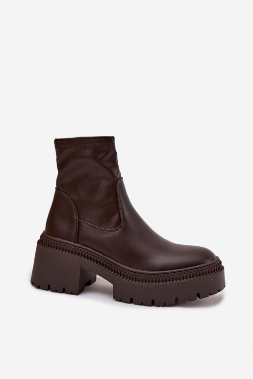 Botins femininos com saltos grossos e plataforma em couro sintético marrom Elvianne