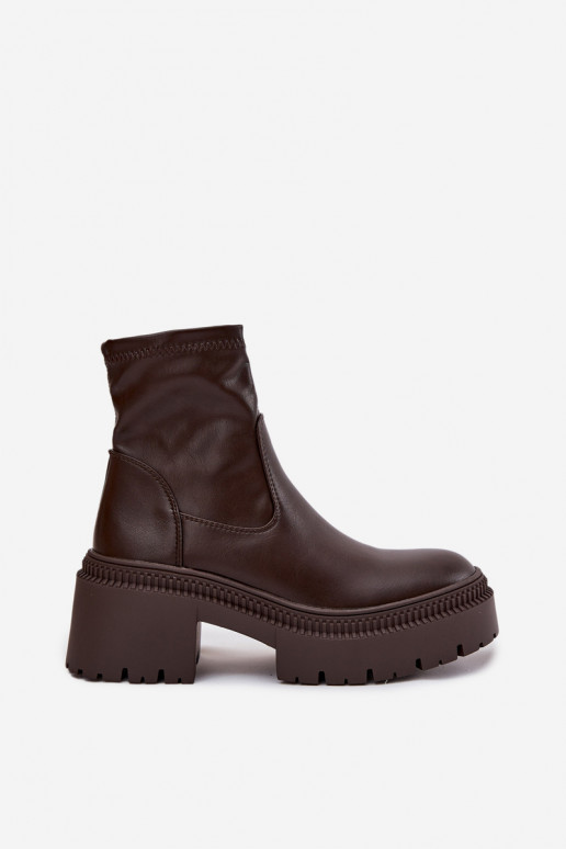 Botins femininos com saltos grossos e plataforma em couro sintético marrom Elvianne