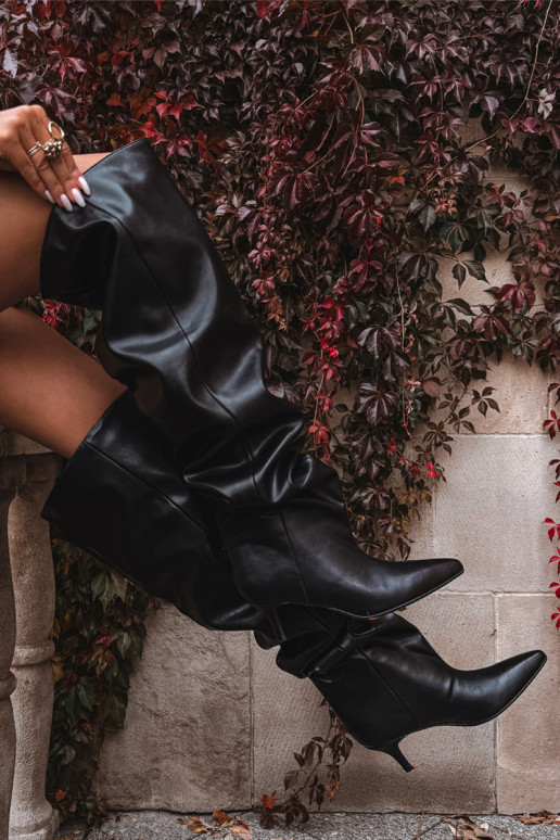 Botas femininas altas slip-on com saltos finos em preto Ysolienne