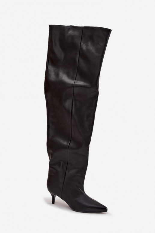Botas femininas altas slip-on com saltos finos em preto Ysolienne