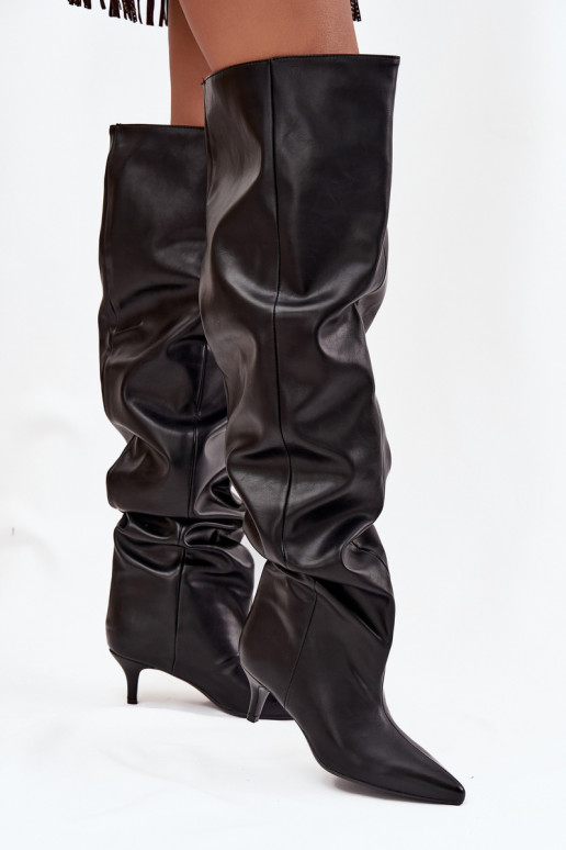 Botas femininas altas slip-on com saltos finos em preto Ysolienne