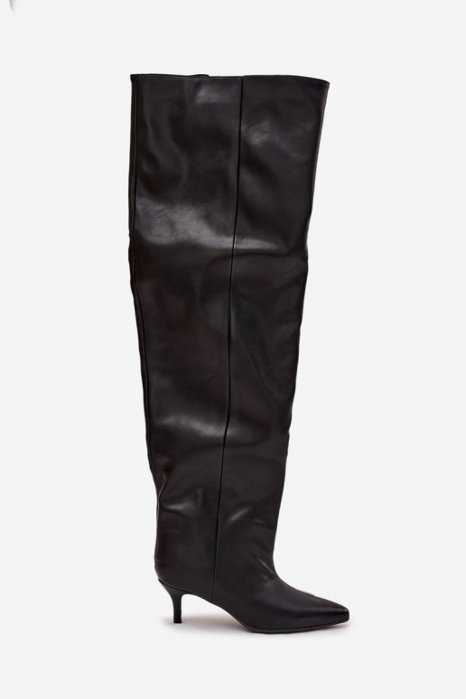 Botas femininas altas slip-on com saltos finos em preto Ysolienne