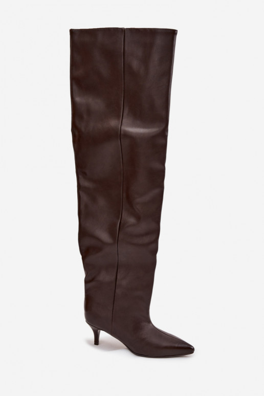 Botas femininas altas slip-on com saltos finos em chocolate Ysolienne