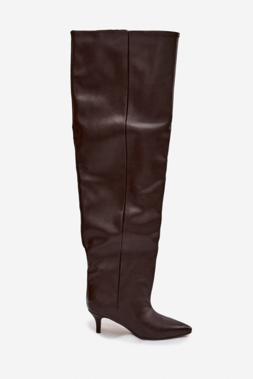 Botas femininas altas slip-on com saltos finos em chocolate Ysolienne