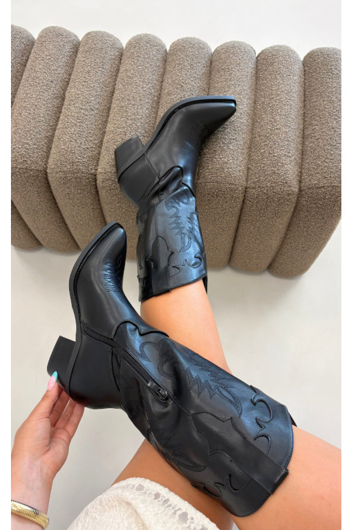 Botas altas de estilo cowboy com saltos em couro sintético preto Jarissa