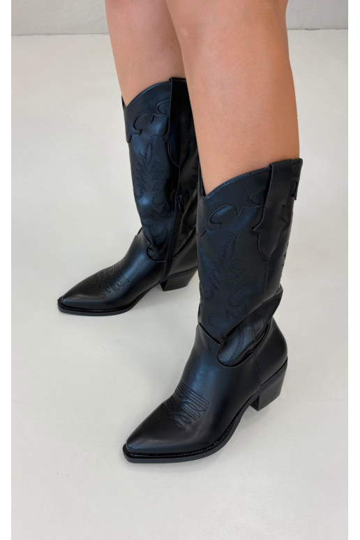 Botas altas de estilo cowboy com saltos em couro sintético preto Jarissa