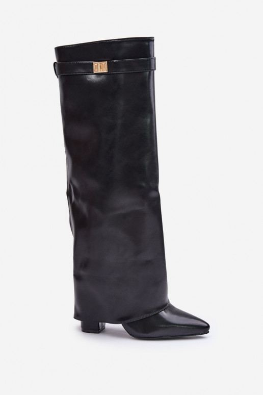 Botas femininas de cano alto em couro sintético com inserções e saltos pretos Avamora