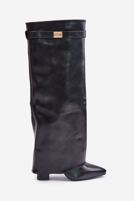 Botas femininas de cano alto em couro sintético com inserções e saltos pretos Avamora