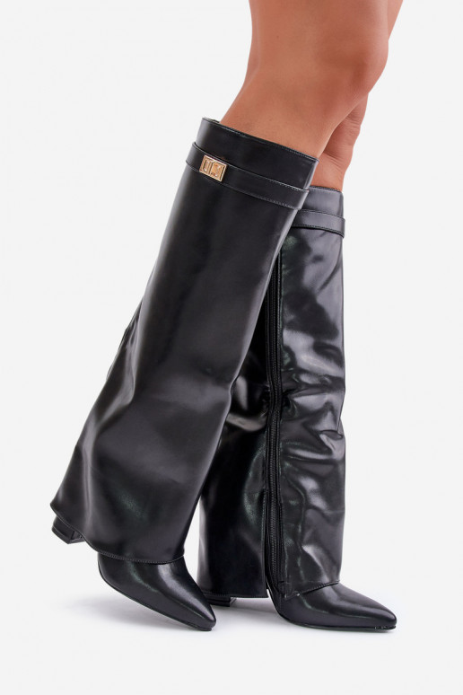Botas femininas de cano alto em couro sintético com inserções e saltos pretos Avamora