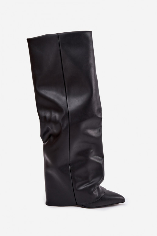 Botas femininas de cano alto forradas com inserções e saltos pretos Elivira