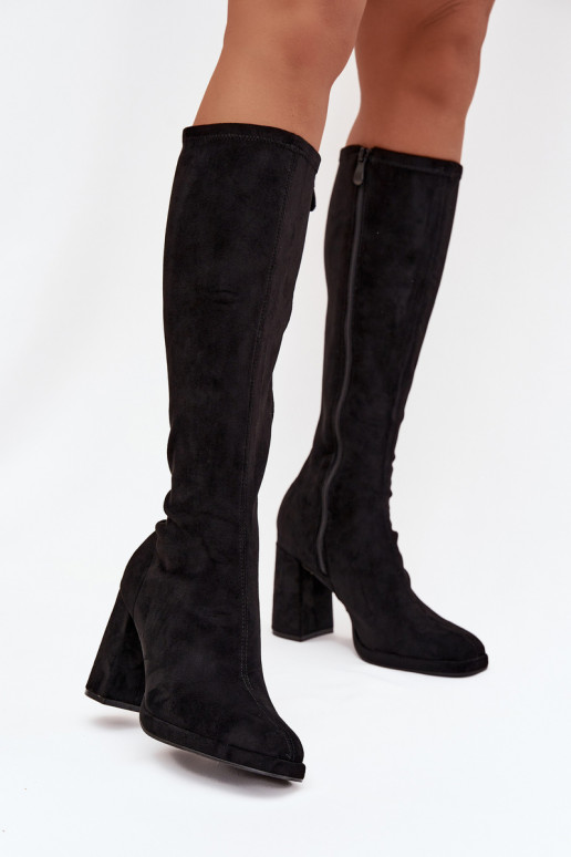 Botas femininas de cano alto com inserções em salto bloco pretas Brivana