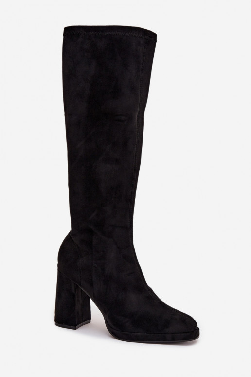 Botas femininas de cano alto com inserções em salto bloco pretas Brivana