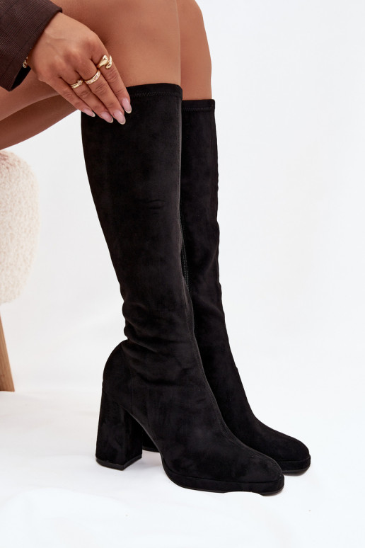 Botas femininas de cano alto com inserções em salto bloco pretas Brivana