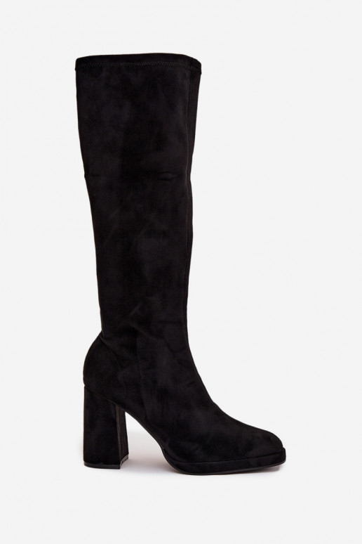 Botas femininas de cano alto com inserções em salto bloco pretas Brivana