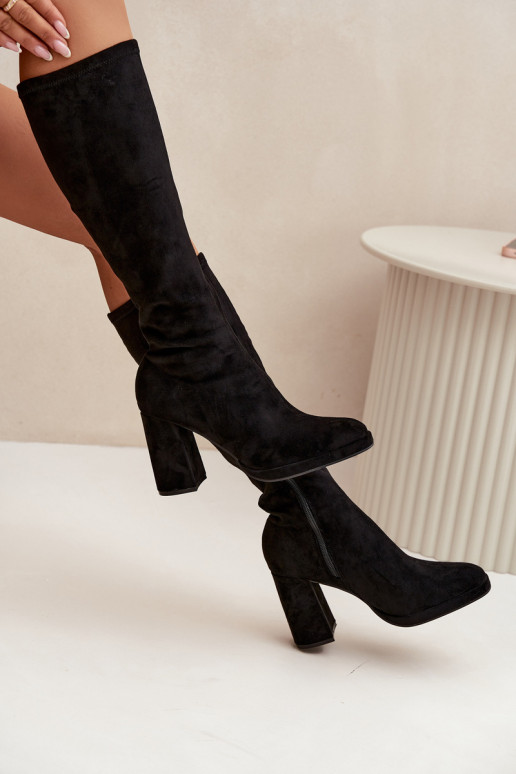 Botas femininas de cano alto com inserções em salto bloco pretas Brivana