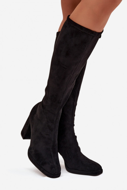 Botas femininas de cano alto com inserções em salto bloco pretas Brivana